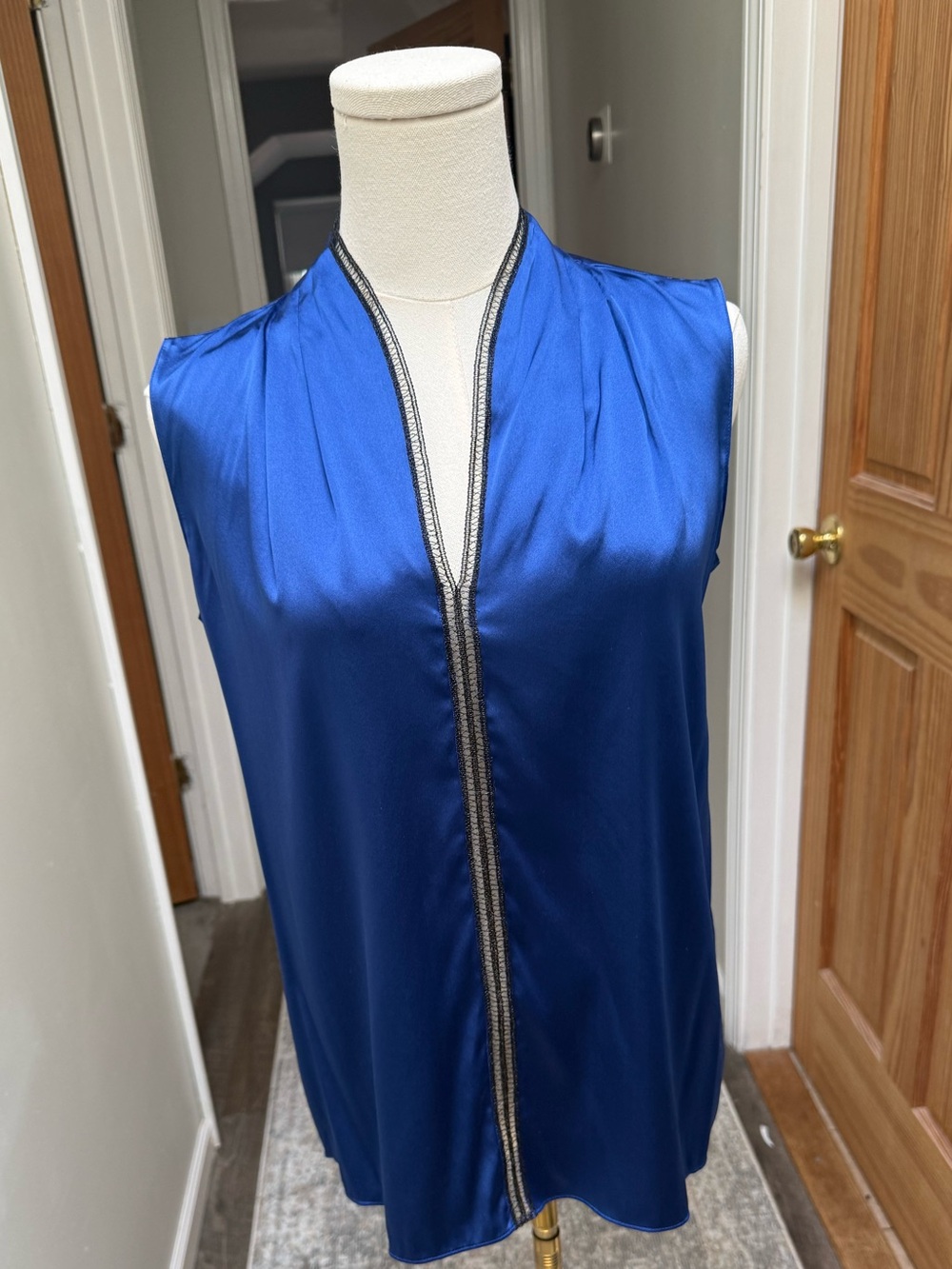 Elie Tahari silk tank in royal blue with black lace trim